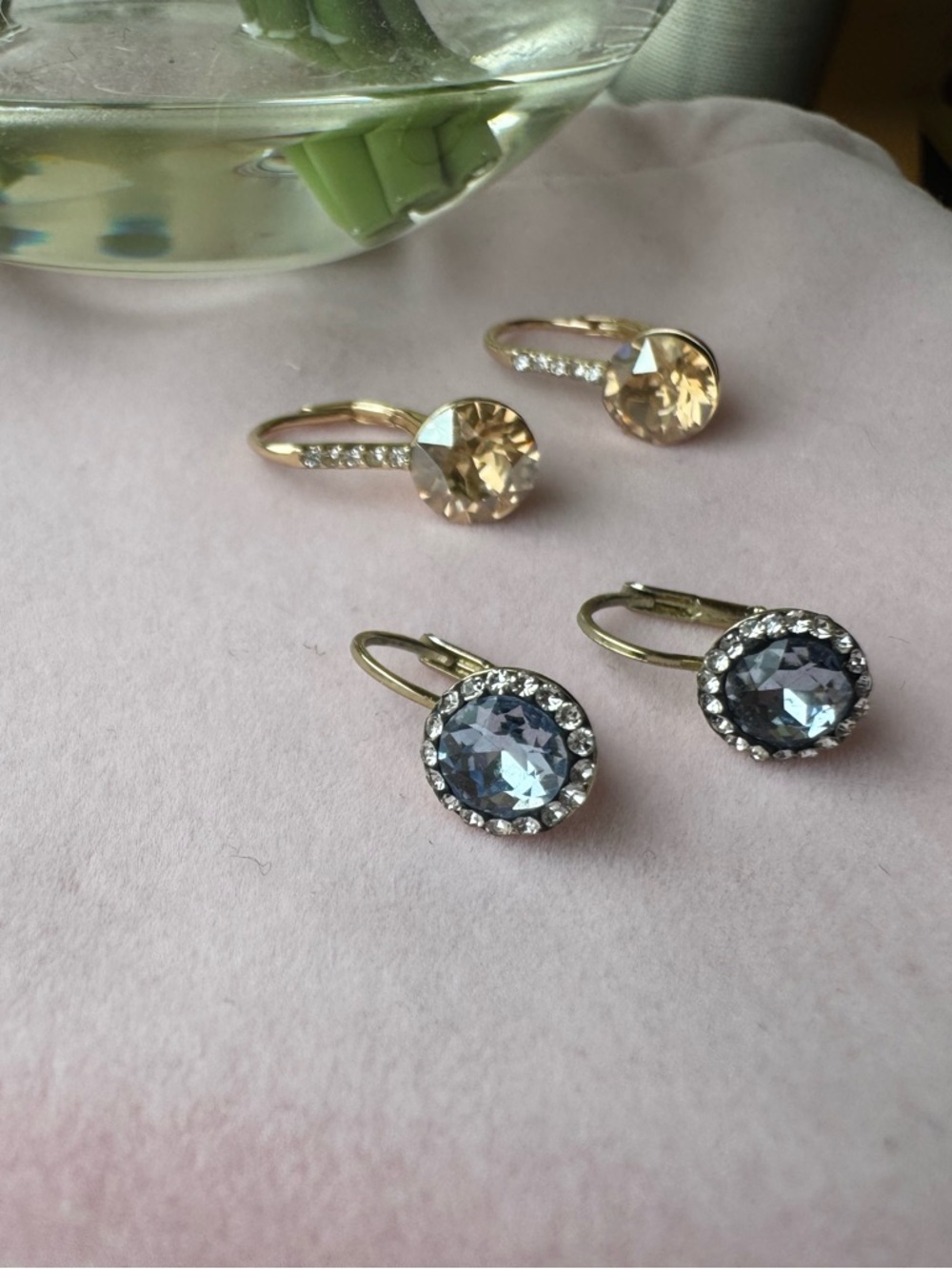 Gold Leverback Earrings with Blue and Champagne Crystals - Unbranded